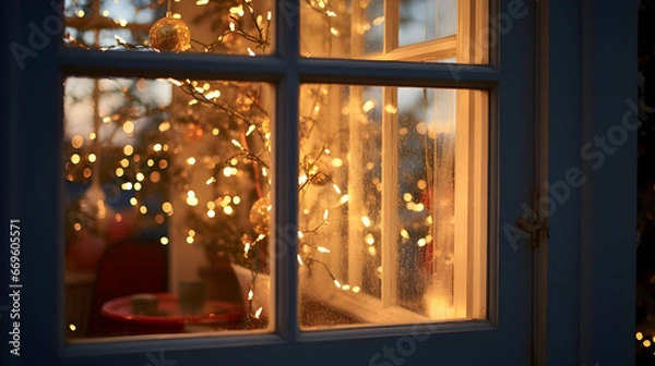 Fototapeta Christmas and Lighted Decorations and Tree from the Window, Festive Atmosphere, High-Quality 4K