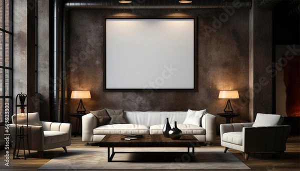 Fototapeta Stylish interior of living room with design modular sofa, furniture, wooden coffee table, rattan decoration, mock up picture frame, pillow, dried flowers and elegant accessories in modern home decor.