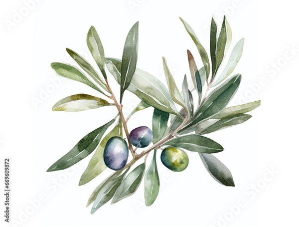 Obraz Watercolor floral illustration of olive leaf branch and green olives. Pattern of decorative floral elements on white background