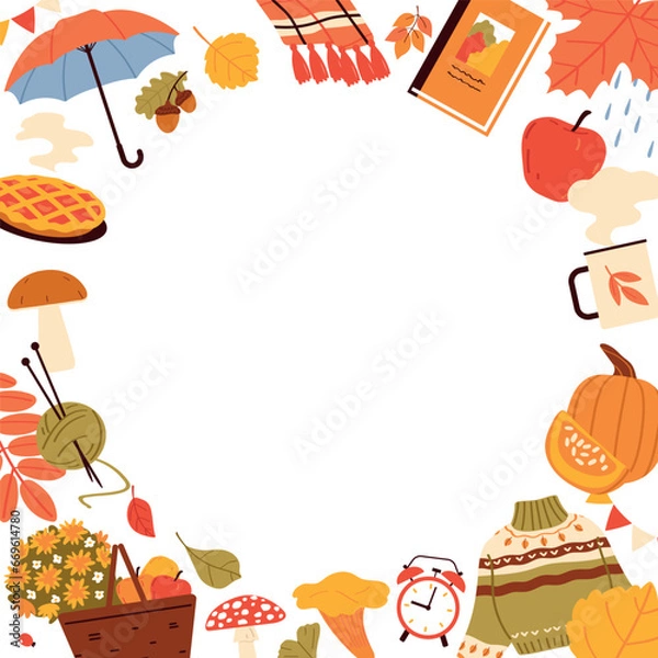 Obraz Autumn round frame. Flat vector illustration on white background.