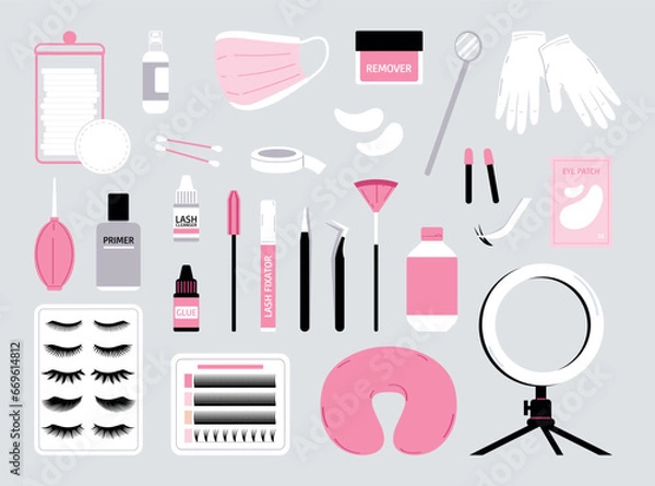 Fototapeta Eyelash extension tools set isolated on gray background. Collection of items for lashmaker. Flat vector illustration.