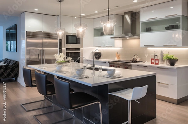 Fototapeta A luxury kitchen of a beautiful bright modern Scandinavian style, generative AI