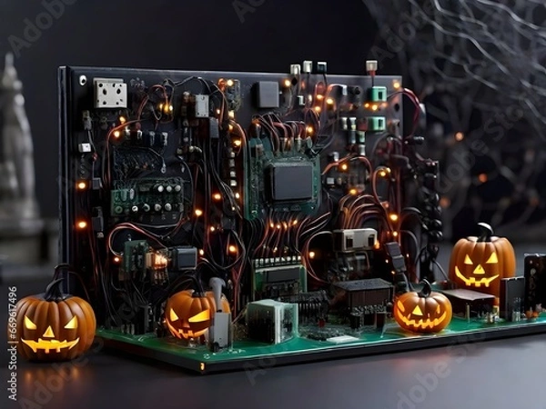 Fototapeta Haunted Circuit Board: Halloween Tech Spectacle Generated by AI
