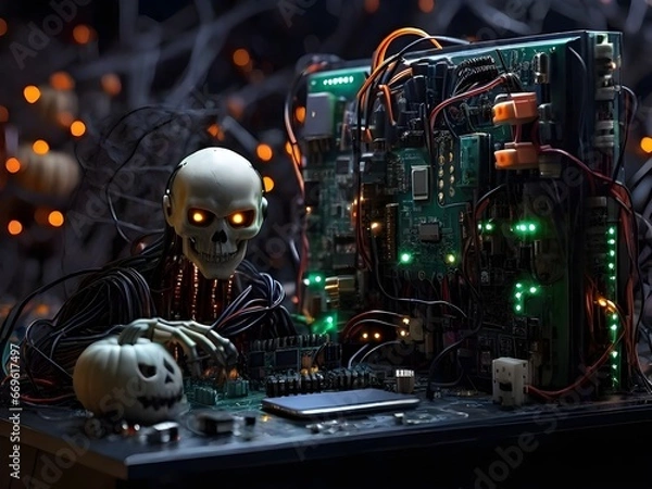 Fototapeta Haunted Circuit Board: Halloween Tech Spectacle Generated by AI

