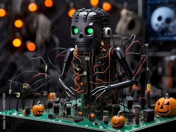 Fototapeta Haunted Circuit Board: Halloween Tech Spectacle Generated by AI
