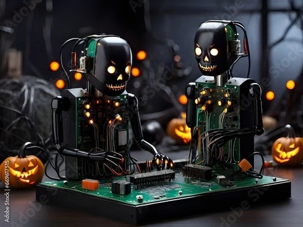 Fototapeta Haunted Circuit Board: Halloween Tech Spectacle Generated by AI
