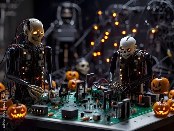 Fototapeta Haunted Circuit Board: Halloween Tech Spectacle Generated by AI