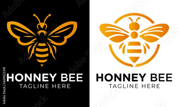 Fototapeta Honey bee logo design template with vector illustration. Flying honey bee icon symbol in line, flat, and color style. Vector illustration