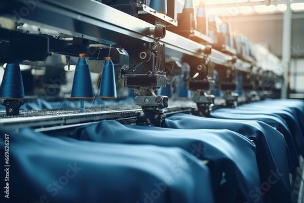 Fototapeta Automatic machinery in a textile manufacturing factory, weaving and sewing fabrics with meticulous accuracy, taken during the textile production process.