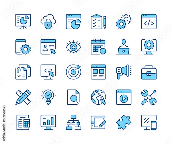 Fototapeta Web development icons set. Vector line icons. Blue color outline stroke symbols. Modern concepts