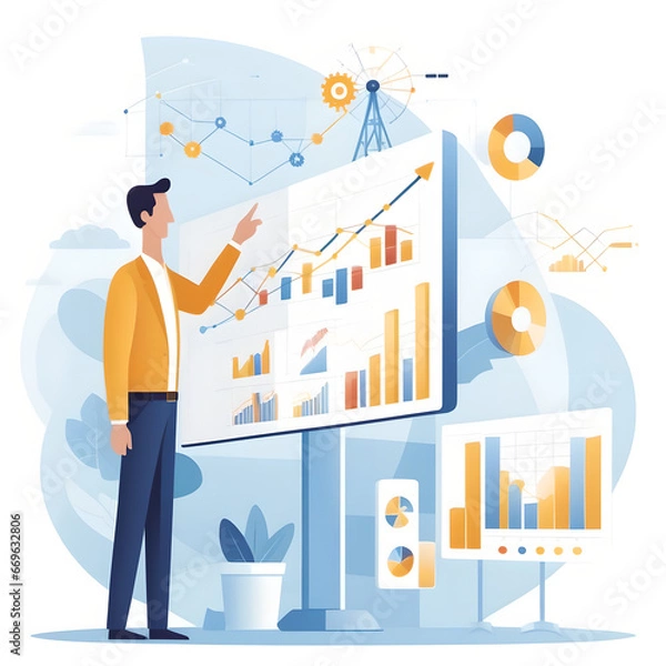 Obraz  a man showing team stock market graphs, sales presentation, pitch, RFP,  financial figures,  financial sector - flat design/vector graphics