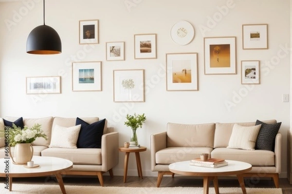 Fototapeta Two beige lounge chairs and round coffee table against wall with frames. AI Generated
