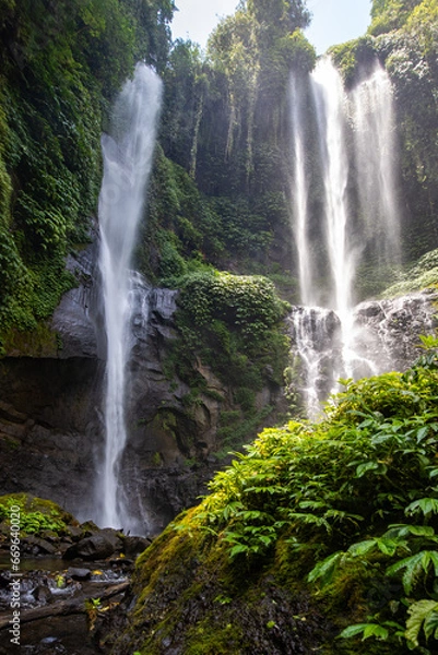 Fototapeta The Sekumpul Waterfall, a large waterfall in the middle of the jungle that falls into a deep green gorge. Trees and tropical plants at Bali's highest waterfall.