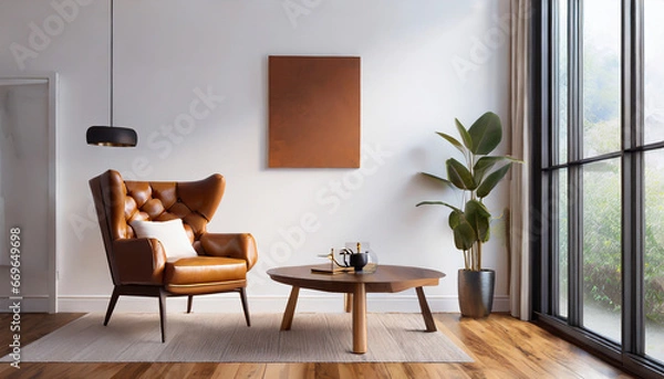 Fototapeta Modern mid century and minimalist interior of living room ,leather armchair with table on white wall and wood floor