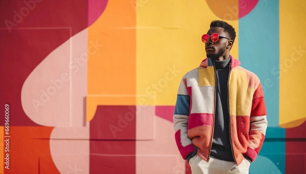 Fototapeta an african man in colorful jacket standing in front of a wall