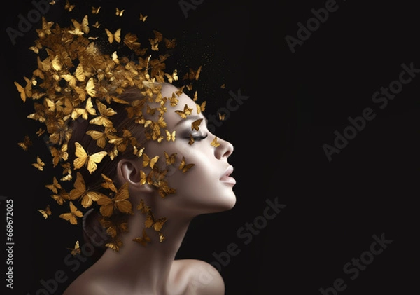 Obraz A girl with a head filled with butterflies, butterflies in her head, butterflies flying out of the girl's head, aerial photo