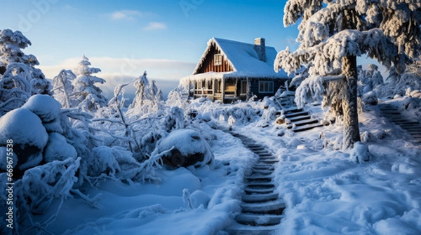 Fototapeta Warmly lit hut amidst snow-clad hiking trail background with empty space for text 