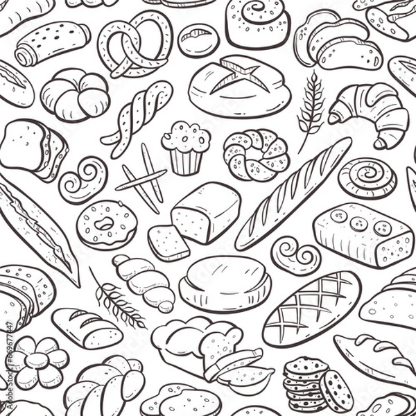 Fototapeta Bread and bakery products seamless pattern. Hand-drawn doodle illustration. Isolated baked good set. Repeat pattern. Vector illustration.