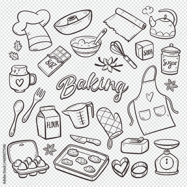 Fototapeta Baking products isolated on white background. Hand-drawn doodle illustration. Home baking supplies. Vector illustration. Set 2 of 2.