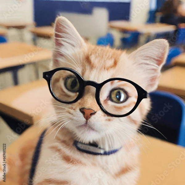Obraz cute kitten with glasses at school created with generative ai technology	