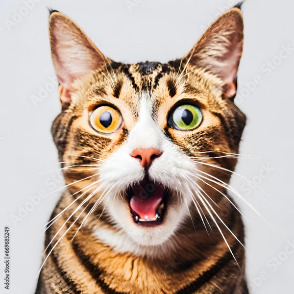 Obraz surprised multi-colored cat on a light background created with generative ai technology	