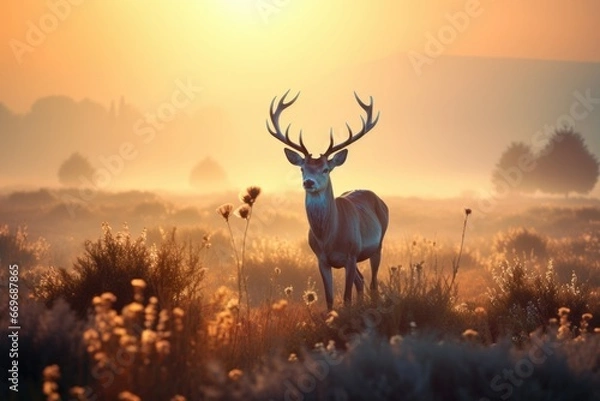 Fototapeta Red deer stag in the autumn forest. Noble deer male. Beautiful animal in the nature habitat. Wildlife scene, wild nature landscape. Wallpaper, beautiful fall background with copy space