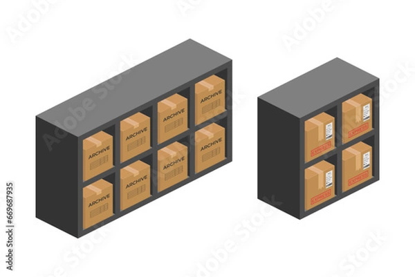 Fototapeta storage shelf bookcase with parcel boxes isometric vector flat illustration
