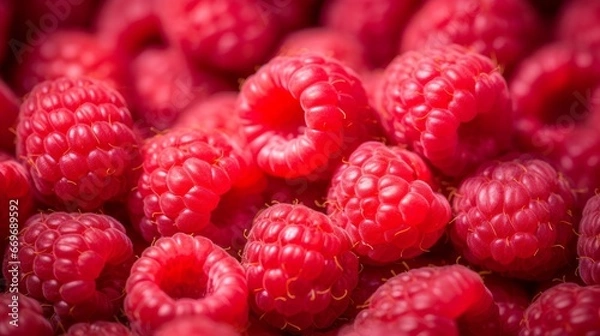 Fototapeta A background composed of fresh, juicy, and ripe raspberries, captured in striking macro photography with a shallow depth of field.