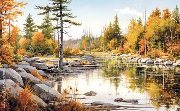 Fototapeta Autumn landscape with a river with rocky banks in the forest