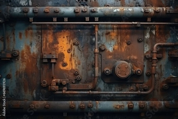 Fototapeta Rusty industrial equipment background. Old rusty metal texture. Industrial background. Generative Ai