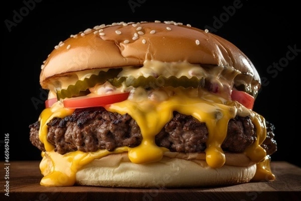 Obraz Monumental Cheeseburger on Wooden Table in Darktable Style