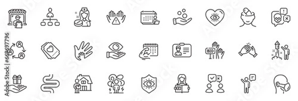Fototapeta Icons pack as Depression treatment, Agent and Medical mask line icons for app include Delivery market, Cyber attack, Nurse outline thin icon web set. Difficult stress, Management. Vector