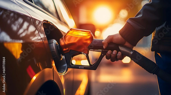 Fototapeta Close-up of man refueling car with gasoline at gas station. Man's hand grips a gasoline fuel nozzle, refuels his car.
