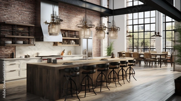 Fototapeta A chic urban loft kitchen with industrial pendant lights and an open-concept design