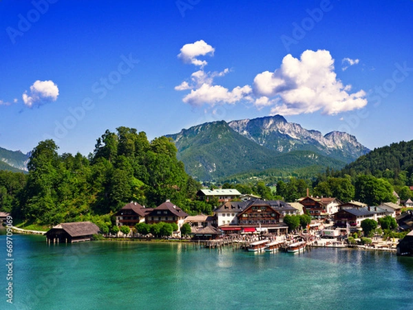 Fototapeta Overview of Konigssee lake and port in Bavaria, Germany