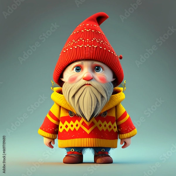 Fototapeta Gnome in Yellow Sweater with a White Beard and a Red Cap