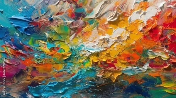 Fototapeta Closeup of abstract rough colourful colours painting texture, with oil brushstroke, pallet knife paint on canvas - Art background illustration. Art concept.