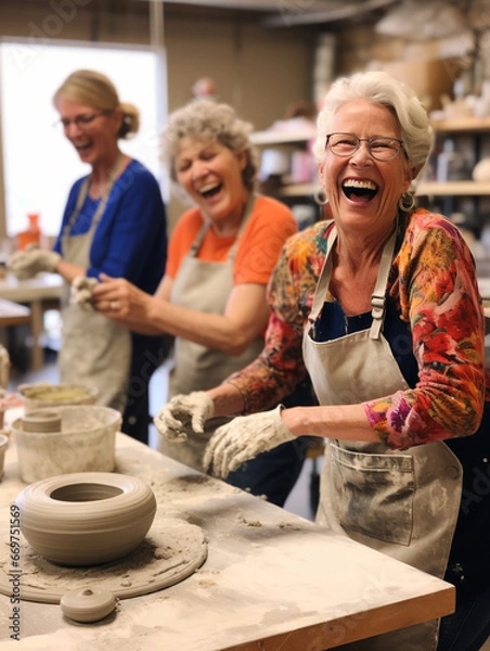 Obraz A Photo of Older Women at a Pottery Class Laughing and Molding Clay Together