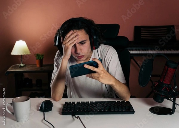 Fototapeta Long-haired professional gamer or streamer, around 20 years old,  intensly focused with an expression of frustration and defeat, he clutches his head because a critical mistake or loss in the game. 