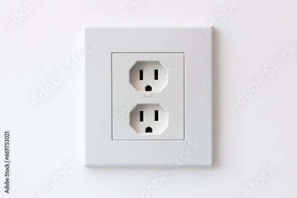 Fototapeta White wall mounted socket board with two electrical sockets and a switch. The socket board is isolated on a white background.