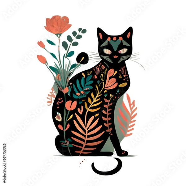 Fototapeta Cats and colorful decorative flowers. Vector seamless pattern, generative AI.