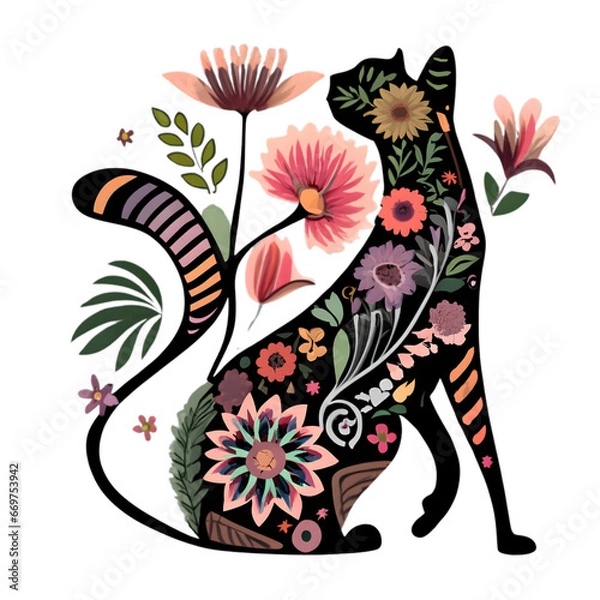 Obraz Floral Cat Silhouette Digital Clipart Instant Download Bundle Transparent Background High Resolution Beautiful Abstract Cats Flowers Art, generative AI.