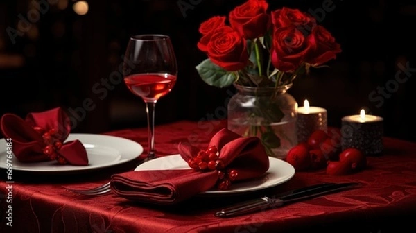 Fototapeta Festive Restaurant Table Set Valentines Rose, Background Image,Valentine Background Images, Hd