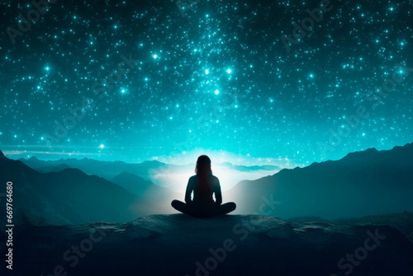 Obraz silhouette of a woman meditating outdoors under a starry sky at night	