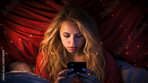 Fototapeta Dependent young beautiful woman in bed surfing the internet using her smartphone, sleepy, bored and tired at night. concepts of mobile addiction and excessive use of technology.
