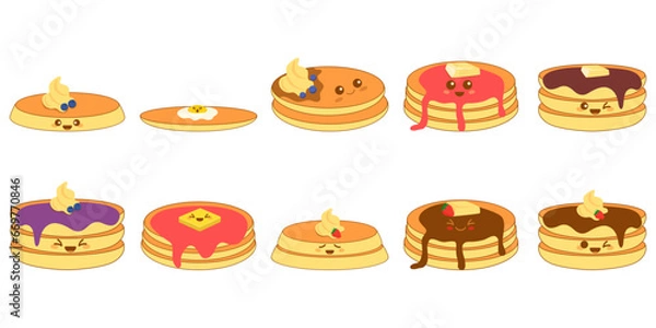 Fototapeta Set of cute pancake illustration in kawaii style. Vector Illustration.