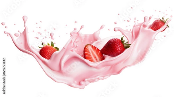 Fototapeta milk or yogurt splash with strawberries isolated on transparency background - Generative AI