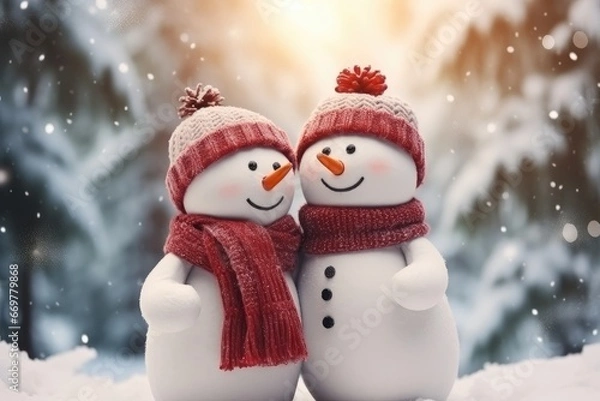 Obraz a family of snowmen in a fairy-tale snowy forest wearing a hat and scarf. New Year winter card. Christmas snow characters. cold time.