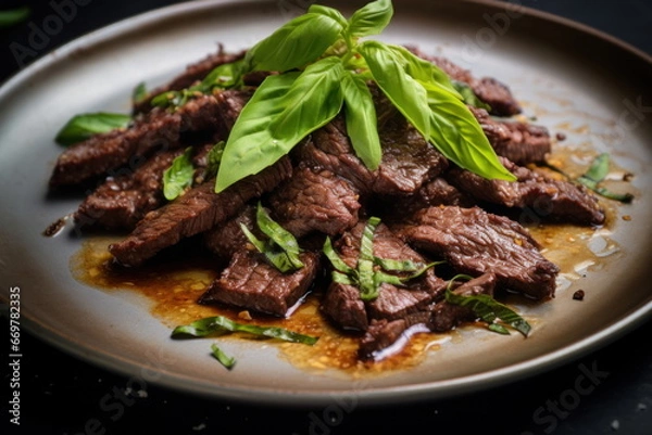 Obraz Beef and basil with fried egg, thai food