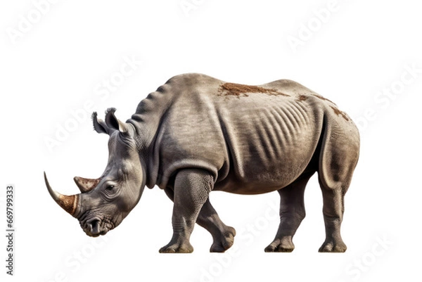 Fototapeta Isolated side view of walking rhino on transparent background. generative ai